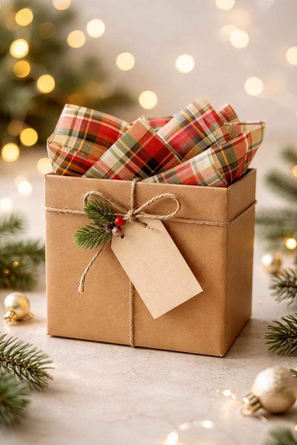 A holiday gift box wrapped with plaid tissue paper and a blank gift tag, surrounded by pine branches and soft lights.