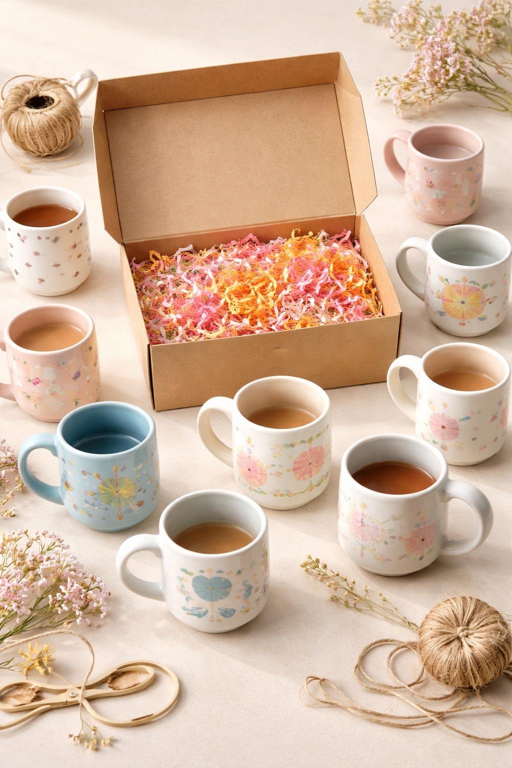 An open kraft gift box with colorful crinkle paper filler surrounded by twelve uniquely designed mugs arranged for gift packaging.