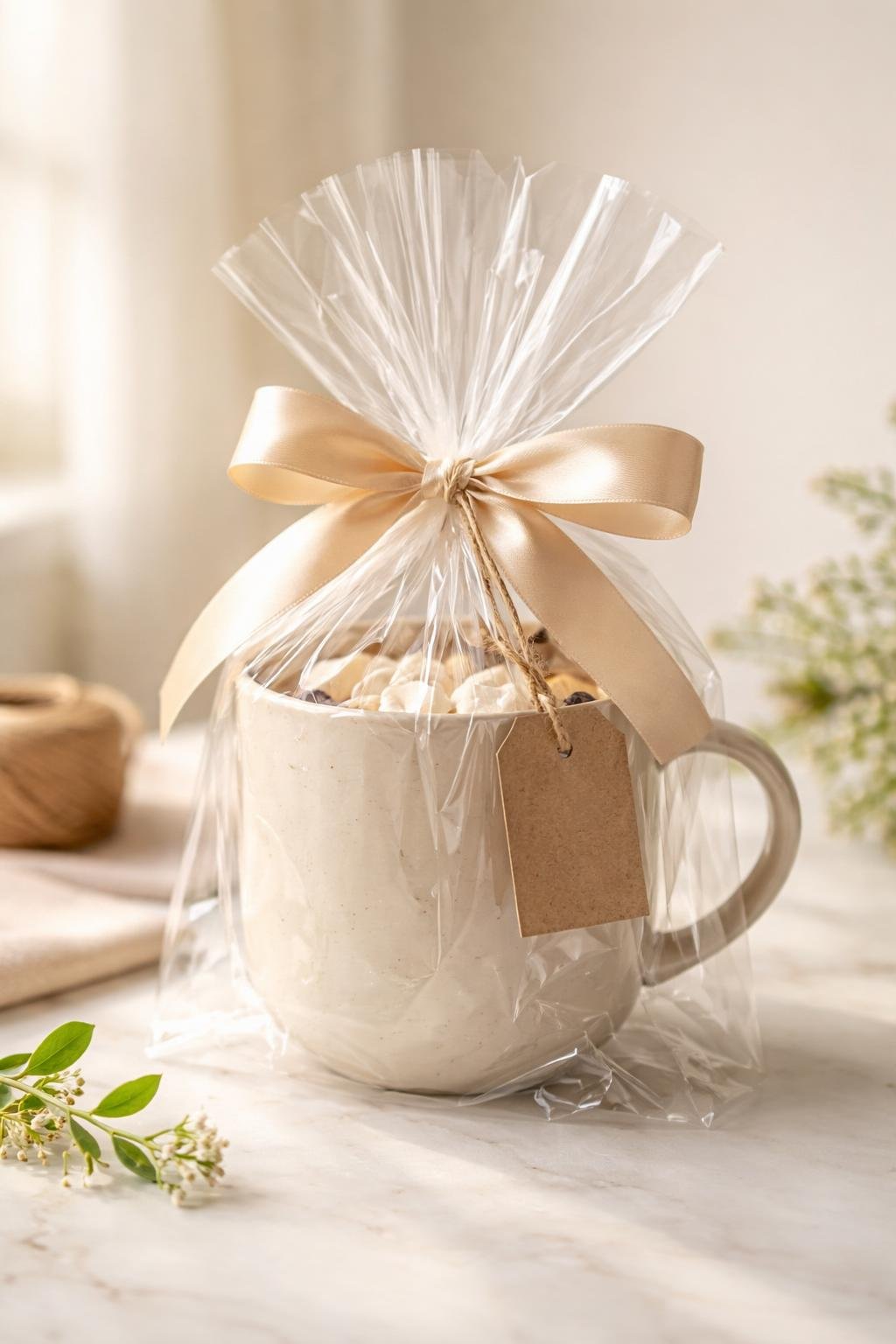 A mug wrapped in clear cellophane tied with a satin ribbon, presented as a gift on a neutral background.