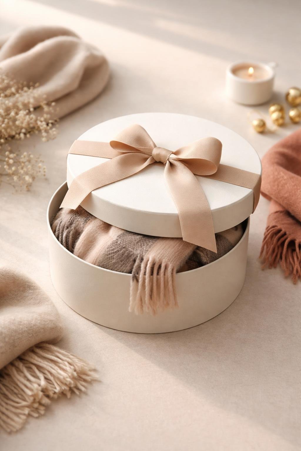 A cylinder hatbox style scarf box tied with a grosgrain ribbon, surrounded by soft scarves on a neutral background.