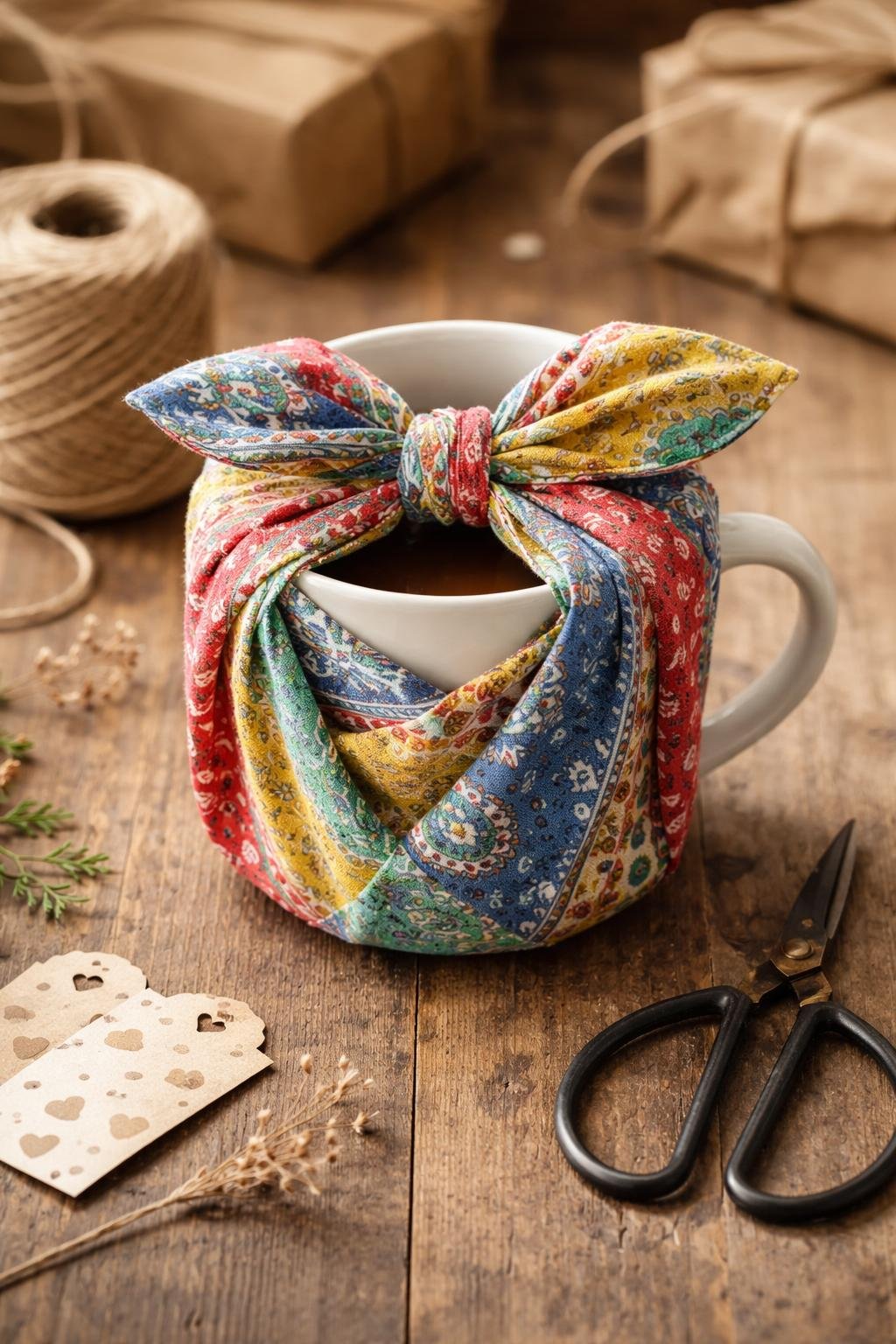 A mug wrapped with a colorful cotton bandana tied in a knot, placed on a wooden table with gift wrapping materials around it.