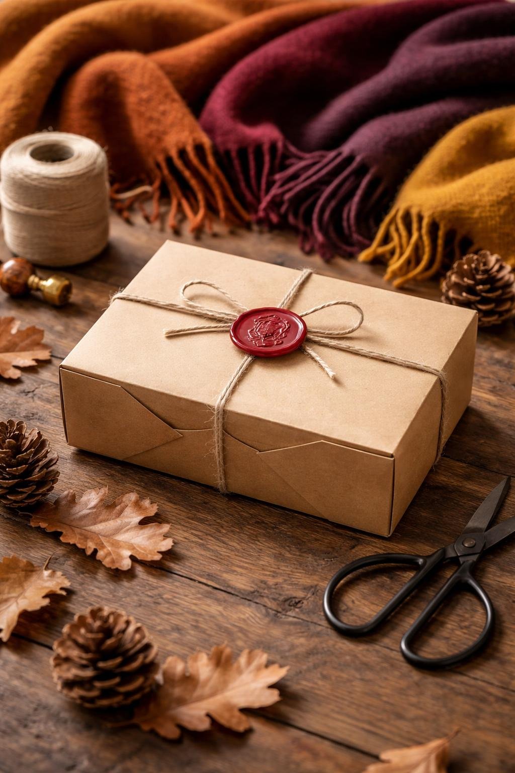 A foldable kraft paper box sealed with a red wax seal and tied with cotton string, surrounded by cozy scarves and autumn-themed decorations on a wooden surface.