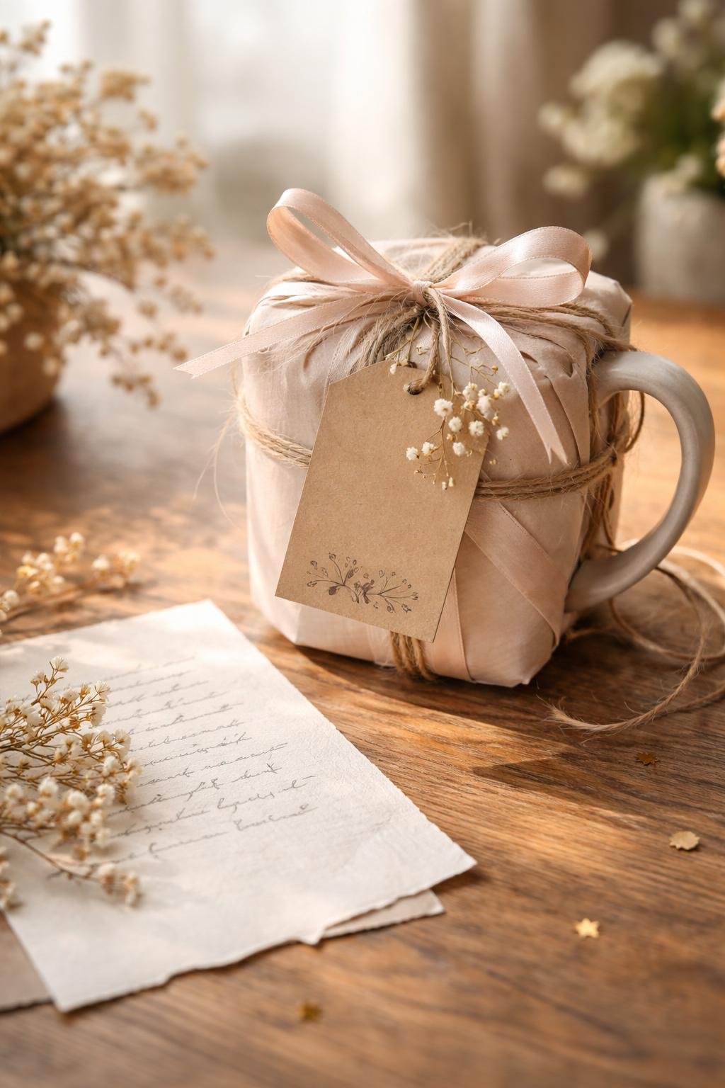 A wrapped mug with a tied gift tag and a handwritten note placed on a wooden table with decorative dried flowers nearby.