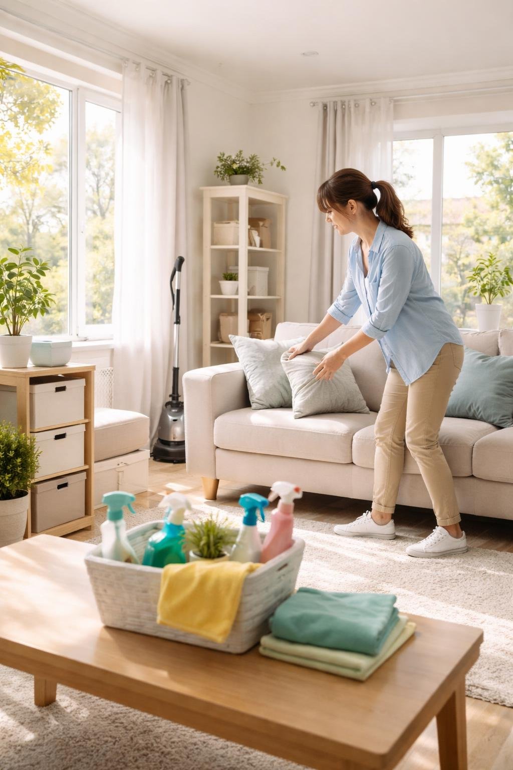 Person tidying a bright living room with cleaning supplies and storage boxes near open windows.