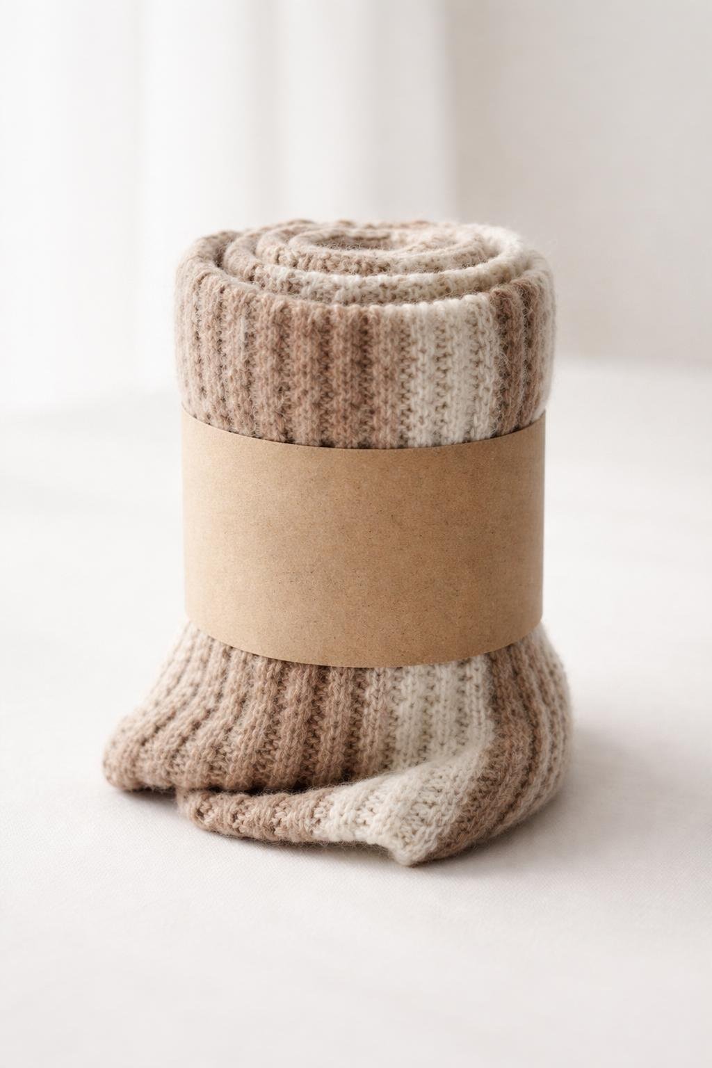 A rolled knit scarf wrapped with a recycled paper sleeve on a clean surface.