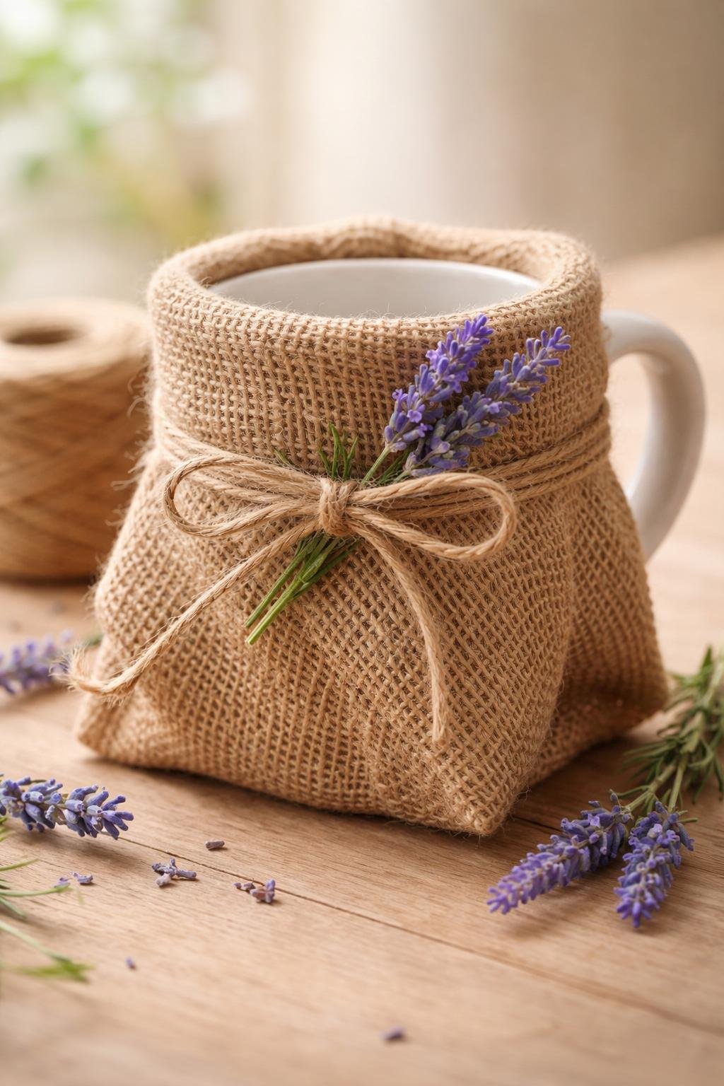 A mug wrapped in burlap and tied with jute twine, decorated with a small sprig of lavender, placed on a wooden surface.