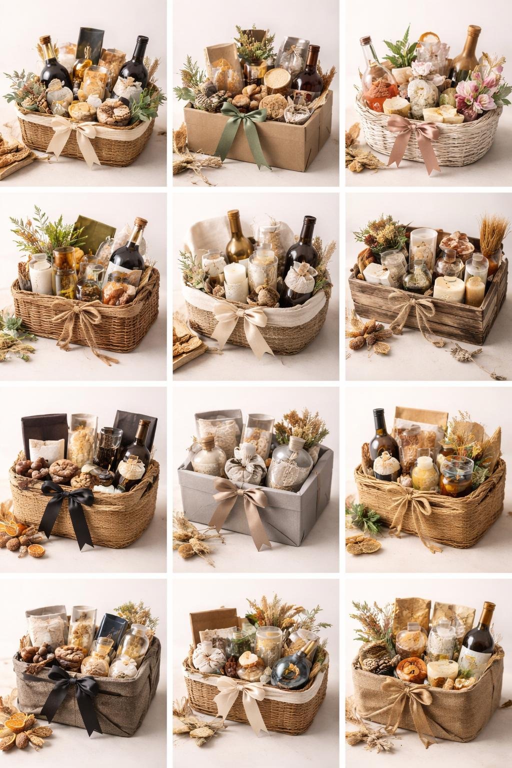 Twelve assorted gift hampers with different packaging styles arranged neatly on a plain surface.