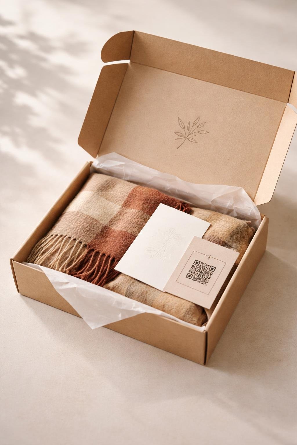 Opened branded mailer box containing a folded cozy scarf, a thank-you card, and a QR code insert arranged neatly inside.