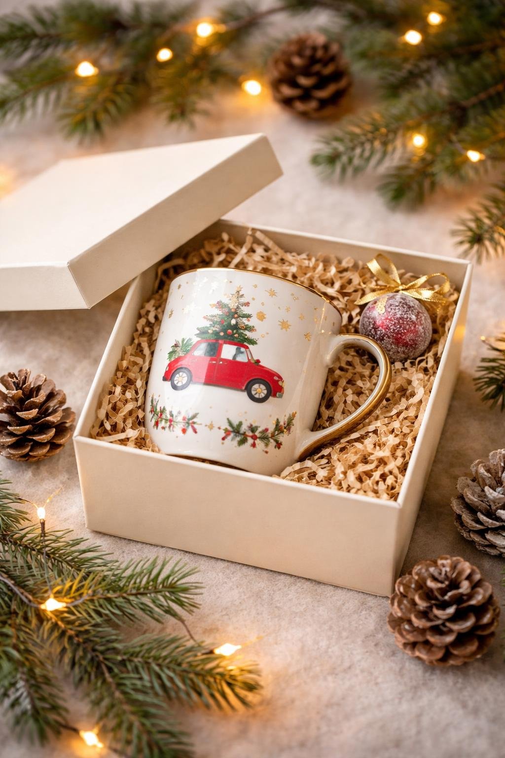A holiday mug gift box with a small ornament and pinecones arranged around it on a festive background.