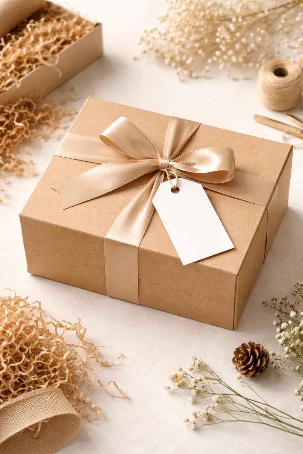 A kraft gift box with a satin ribbon and a blank custom gift tag on a neutral background with decorative packaging elements.