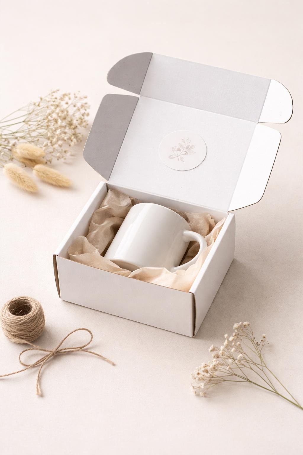 A white mailer box with a logo sticker, partially open to reveal a wrapped mug inside, surrounded by dried flowers and twine on a neutral background.