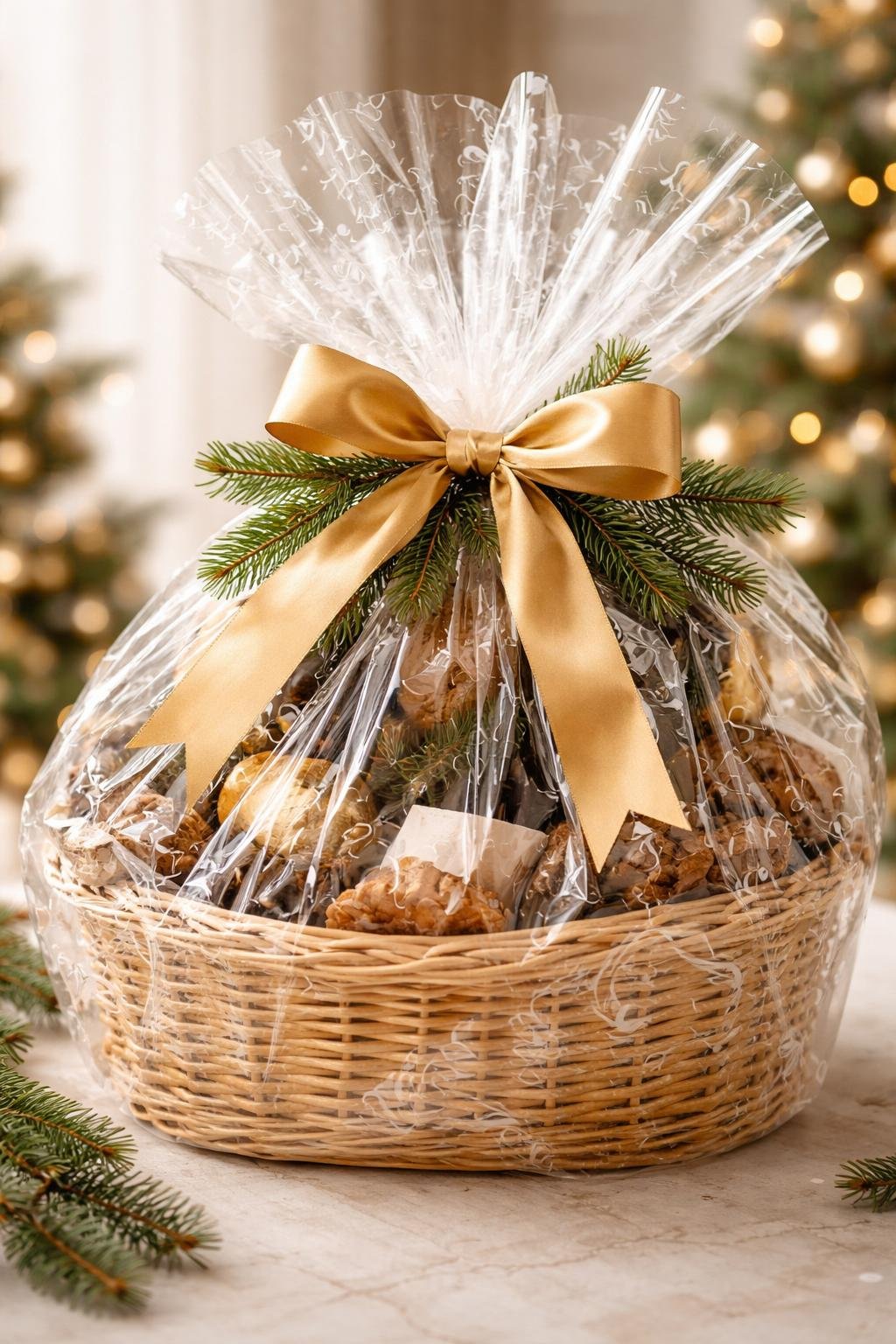 A gift basket wrapped in printed cellophane with a gold ribbon and pine sprigs.