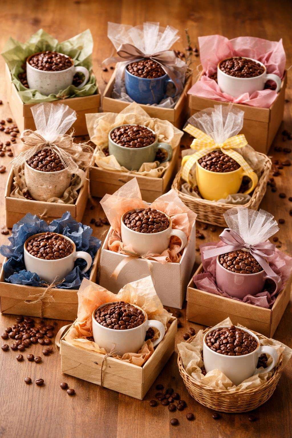 A variety of coffee mugs filled with coffee beans, arranged with decorative tissue paper and packaging materials on a wooden table.