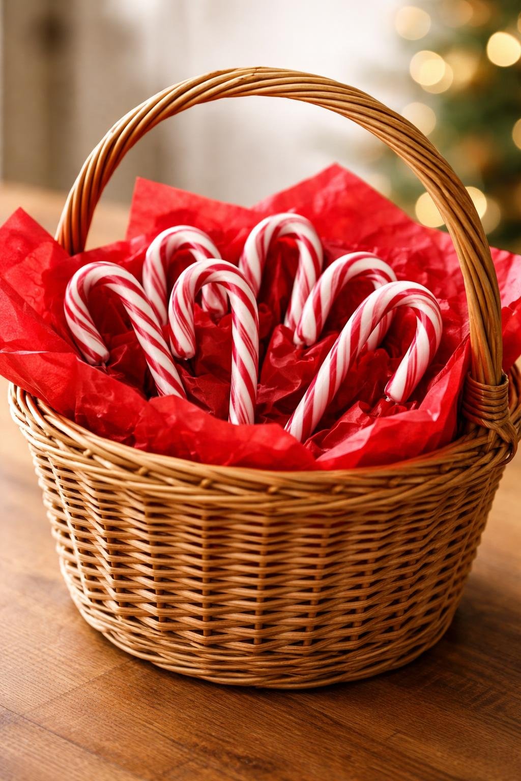 A wicker hamper basket filled with red tissue paper and candy canes.