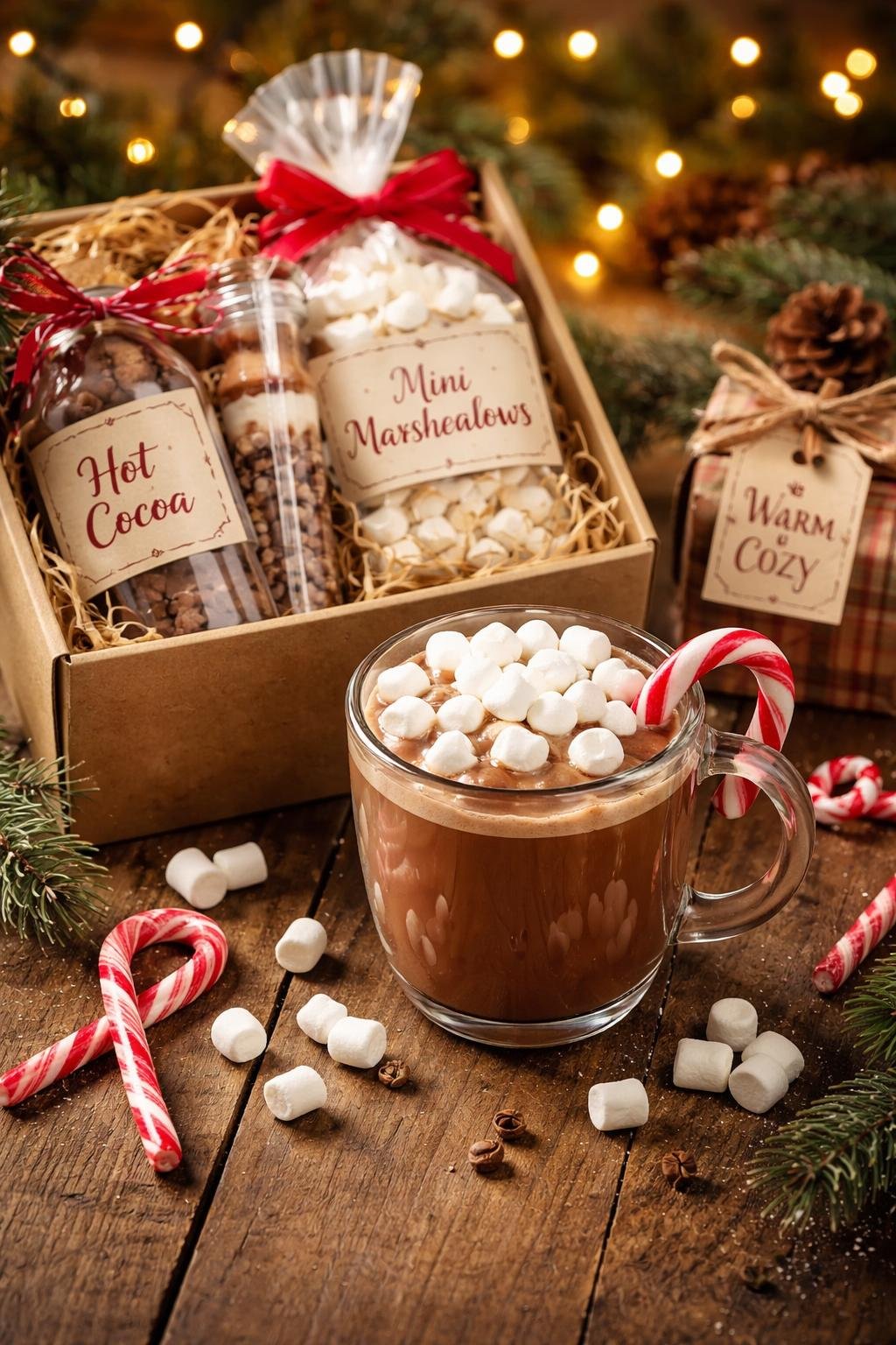 A mug filled with hot cocoa topped with marshmallows and a candy cane, surrounded by extra marshmallows and candy canes on a wooden surface.