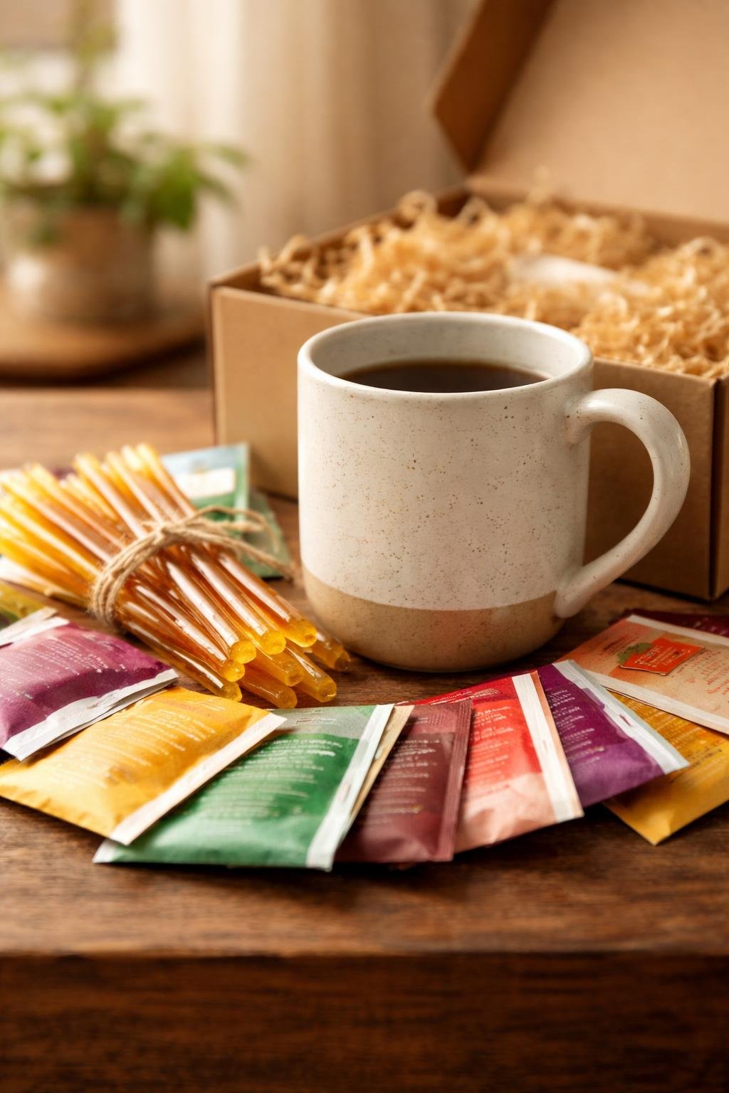 A ceramic mug with honey sticks and assorted tea bags arranged on a wooden surface.