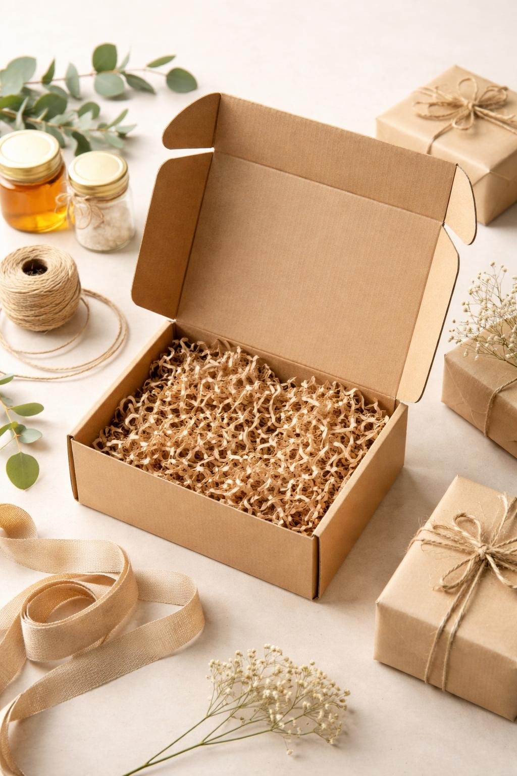 An open corrugated mailer box filled with recycled crinkle paper, surrounded by gift packaging items on a neutral background.