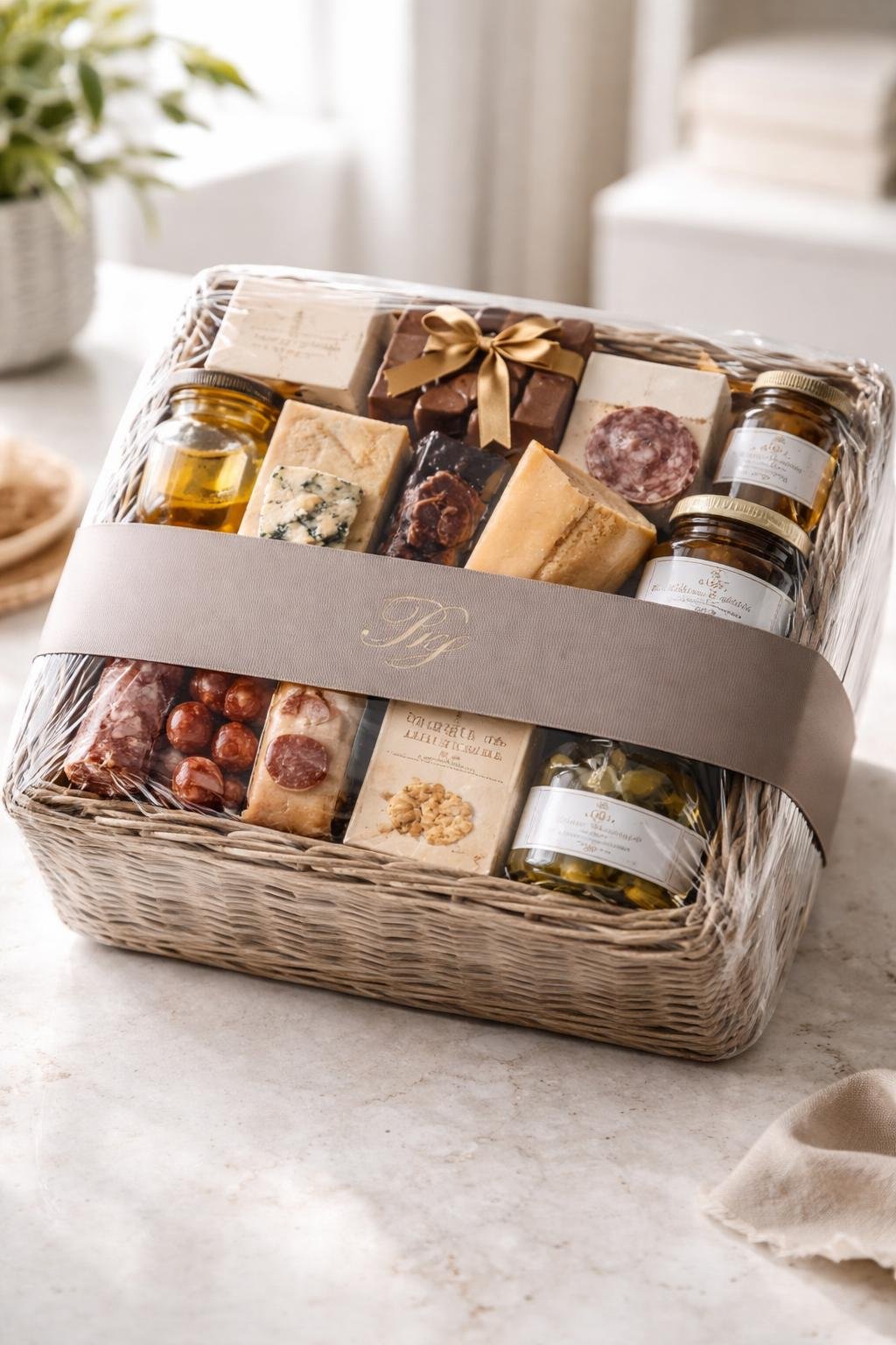 A gourmet food hamper wrapped in clear shrink wrap with a branded belly band, containing various premium food items displayed on a light surface.
