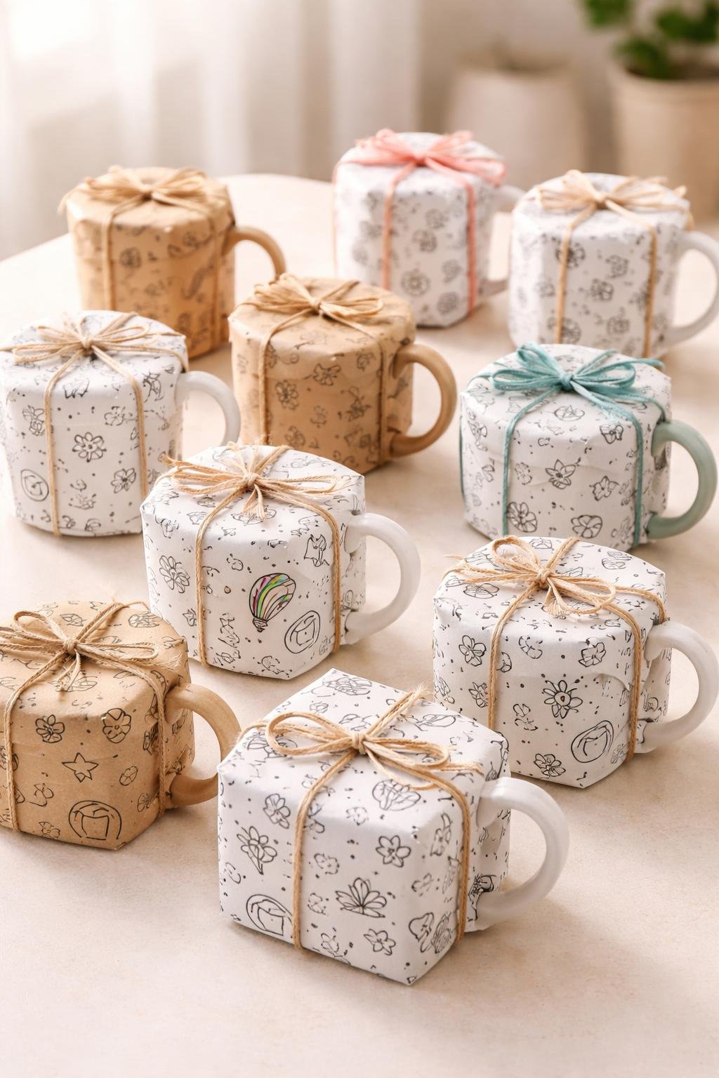 Twelve mugs wrapped in hand-drawn doodle-covered paper with ribbons and twine, arranged on a light surface for gift giving.
