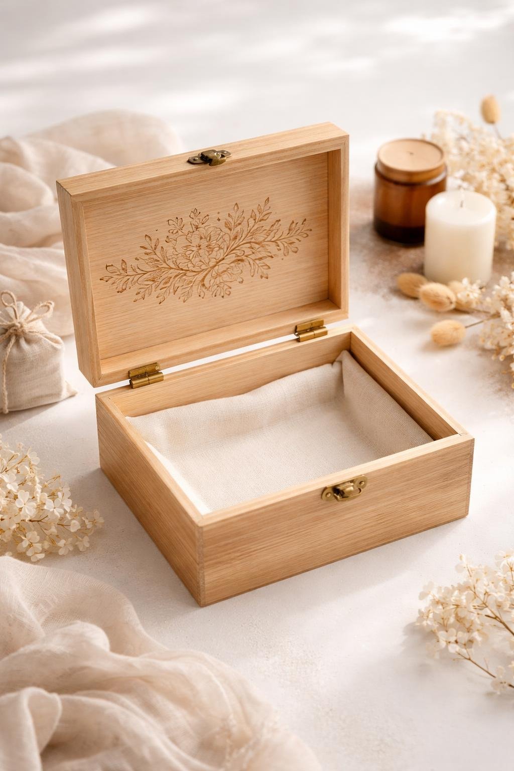 An open wooden keepsake crate with an engraved lid and cream linen lining, placed on a clean surface with decorative dried flowers nearby.