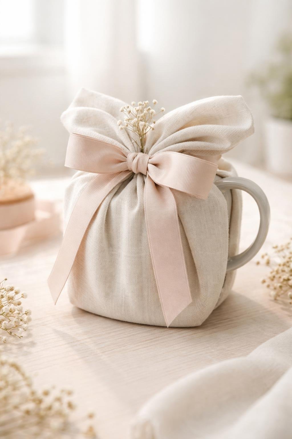 A ceramic mug wrapped in reusable linen fabric tied with a grosgrain ribbon bow on a simple background.