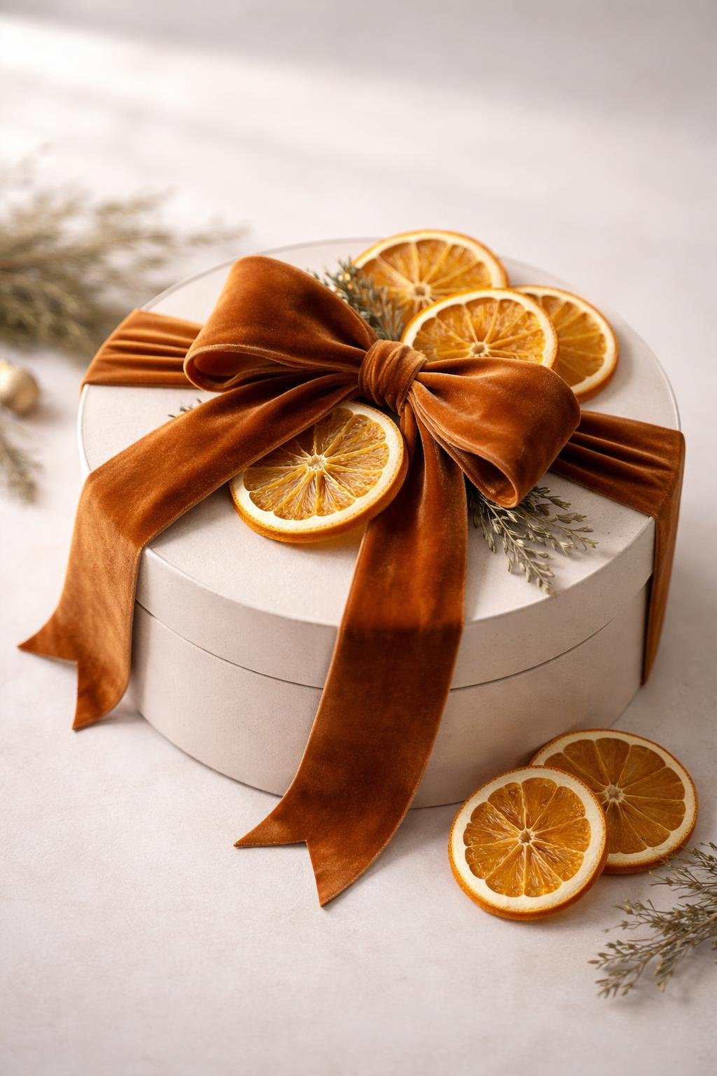 A round hat box wrapped with a velvet ribbon and decorated with dried orange slices.