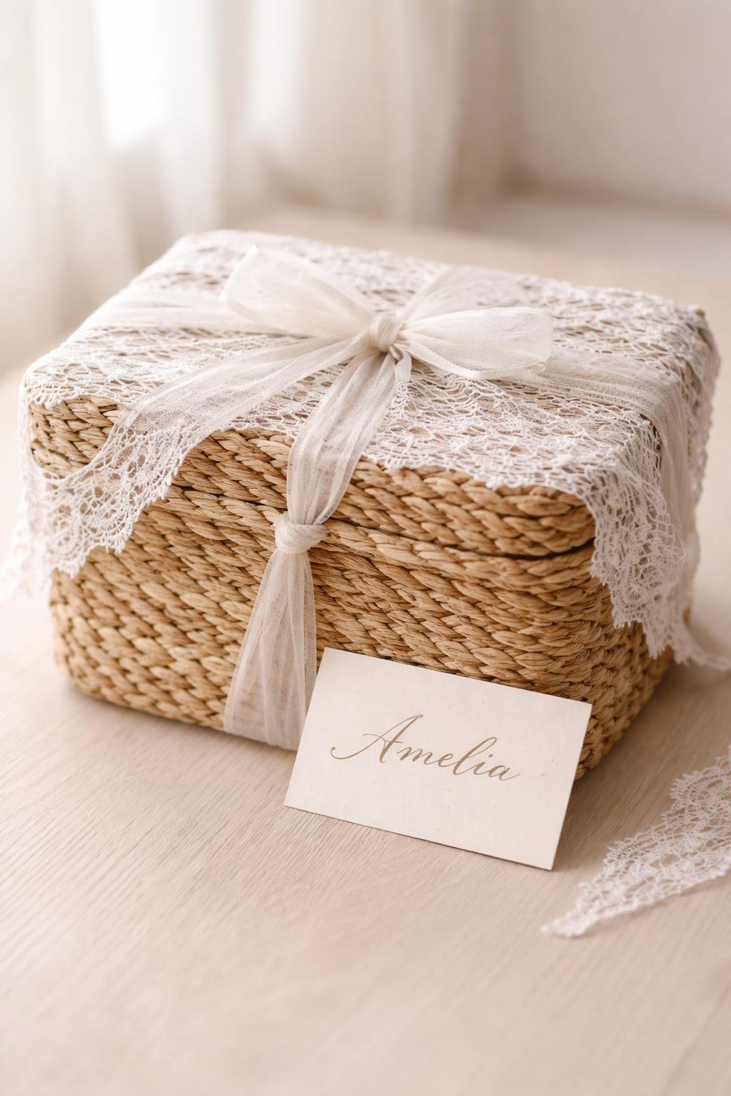 A lidded seagrass basket wrapped with white lace fabric and a small handwritten name card placed beside it on a wooden surface.