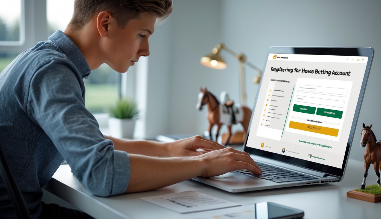 Seseorang sedang menggunakan laptop di meja dengan elemen terkait judi kuda online seperti miniatur kuda dan ponsel yang menampilkan aplikasi balap kuda.