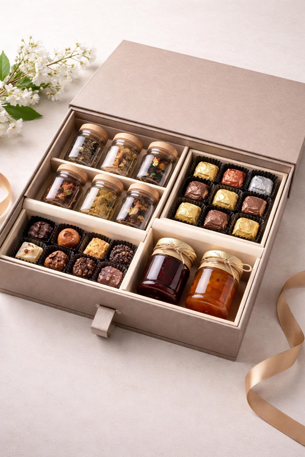 An open gift box with separate compartments containing tea jars, chocolates, and jam jars arranged neatly inside.
