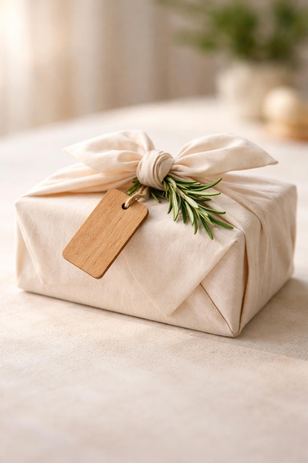 A gift wrapped in natural cotton fabric with a wooden tag and a sprig of rosemary tucked under the knot.