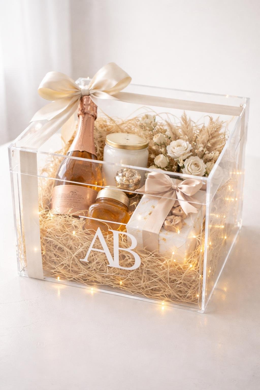 A clear acrylic hamper box filled with gifts and glowing LED fairy lights, featuring a monogram decal on the front.
