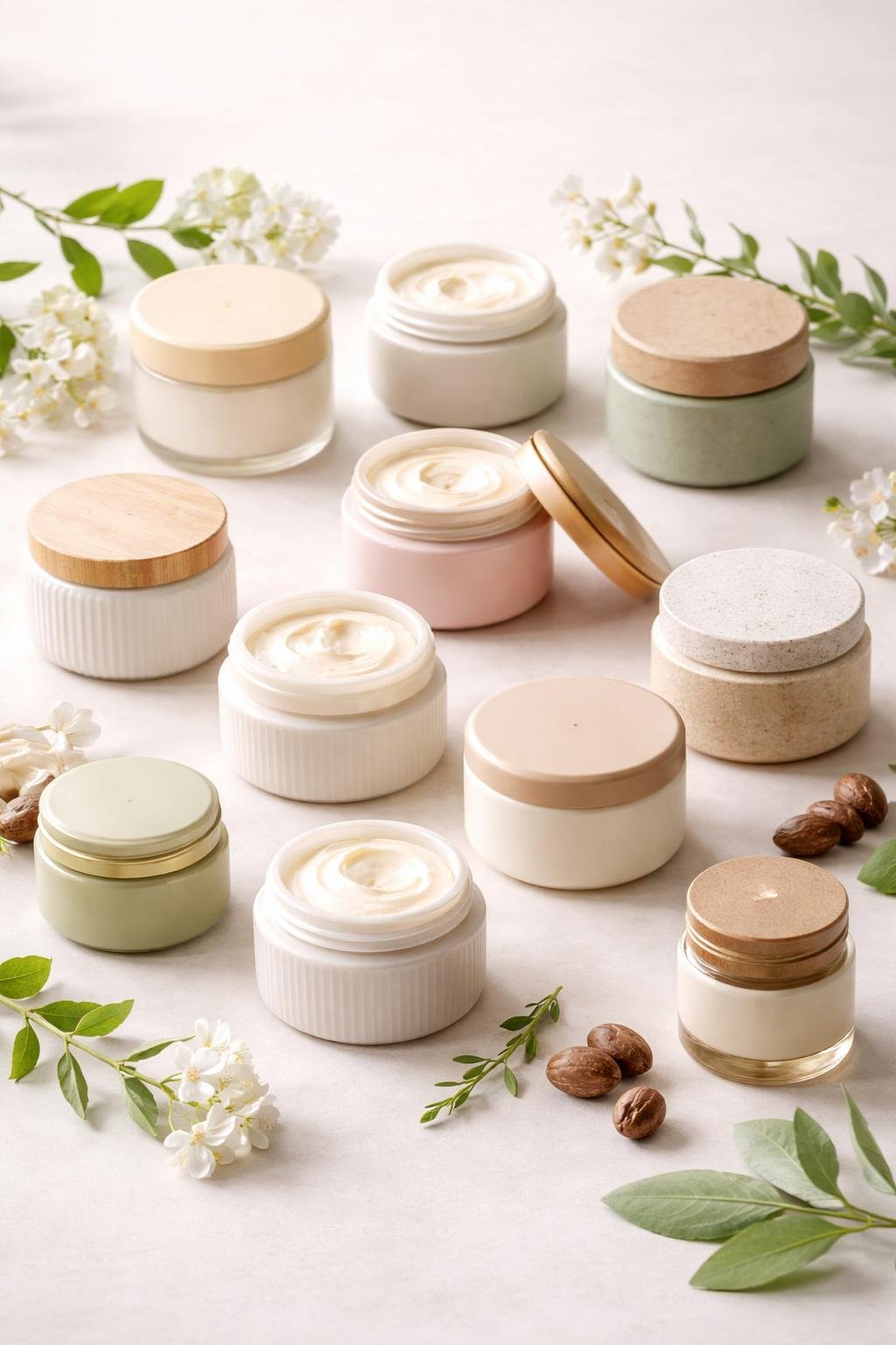 Twelve different body butter containers arranged on a light surface with natural decorations like flowers and leaves.