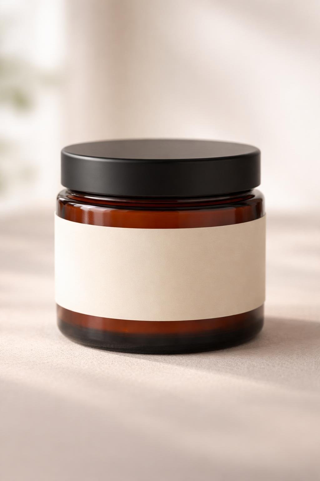 Close-up of an amber glass jar with a black lid and a plain cream label on a neutral background.