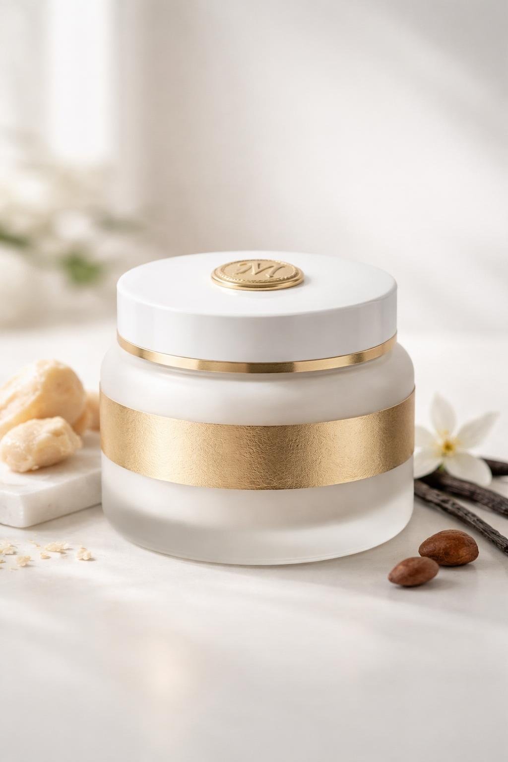 A matte white glass jar with a gold foil label and gold monogram seal on the lid, placed on a white surface with natural ingredients around it.