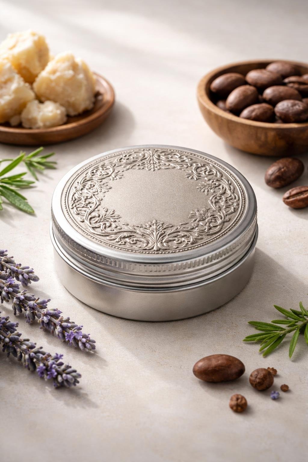 An aluminum screw-top tin with an embossed lid and vintage artwork, surrounded by natural ingredients on a neutral background.
