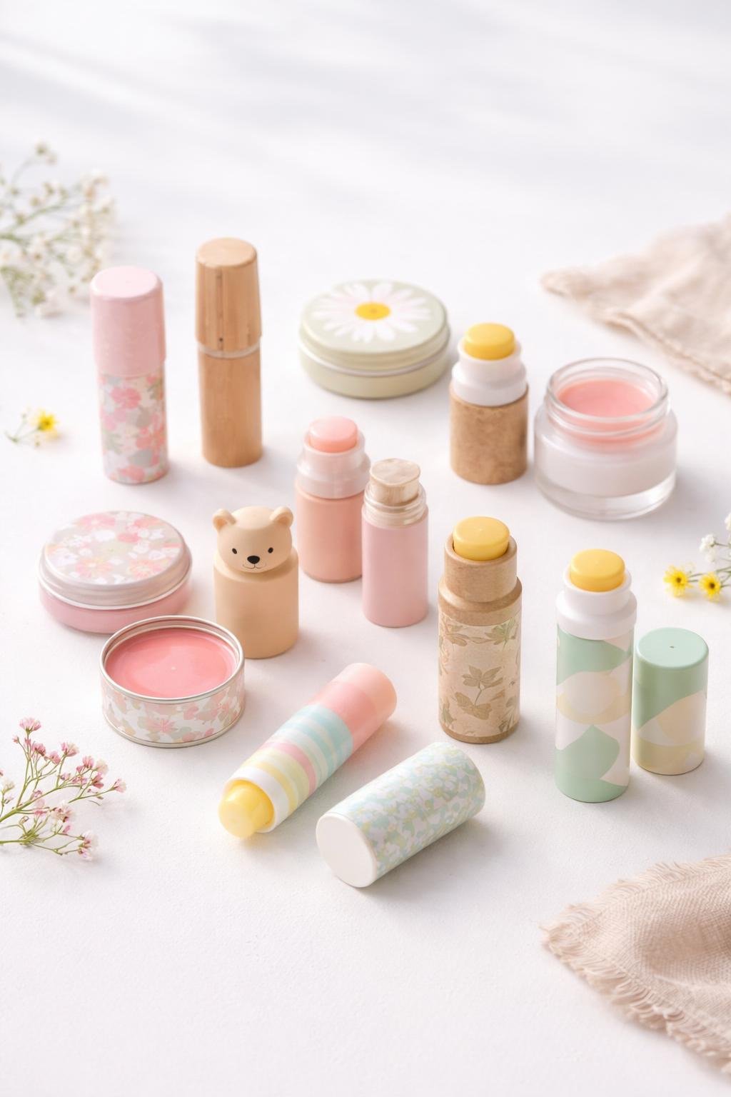 Eleven different lip balm containers with cute and colorful packaging arranged on a white surface with small decorative flowers and leaves.