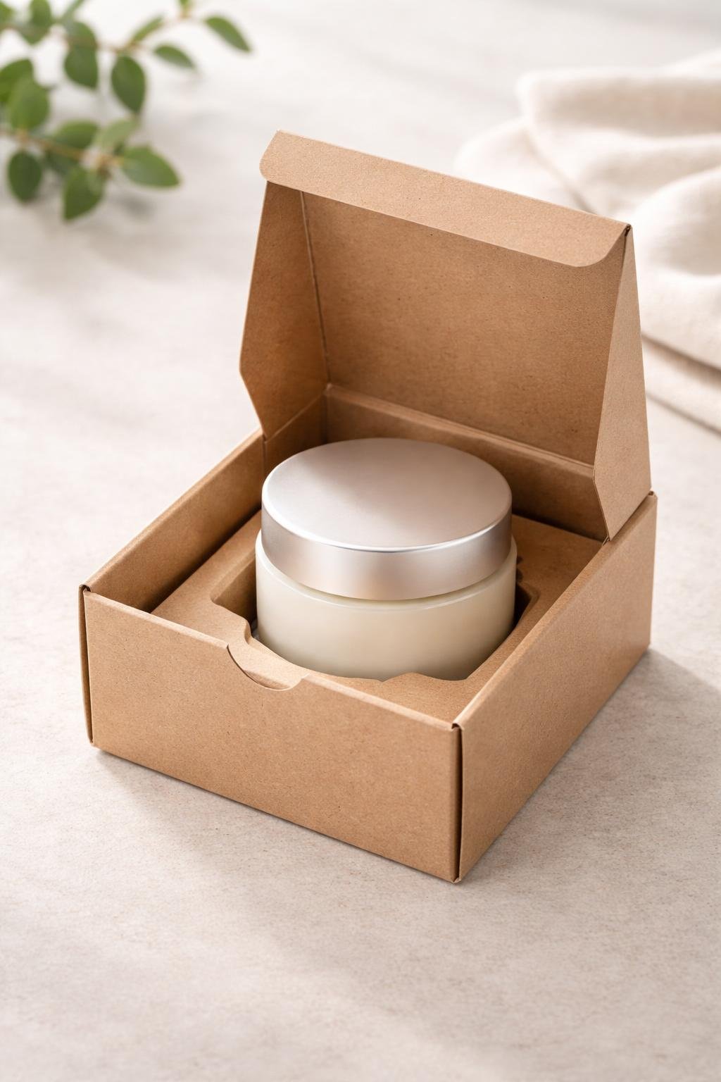 Frosted glass jar inside a custom kraft folding carton with an insert, displayed on a neutral background.