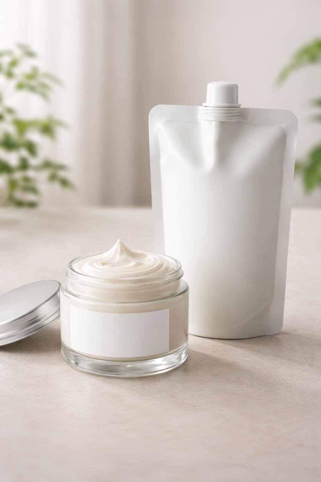 Wide-mouth glass jar filled with body butter next to a stand-up refill pouch on a clean surface with soft natural lighting.