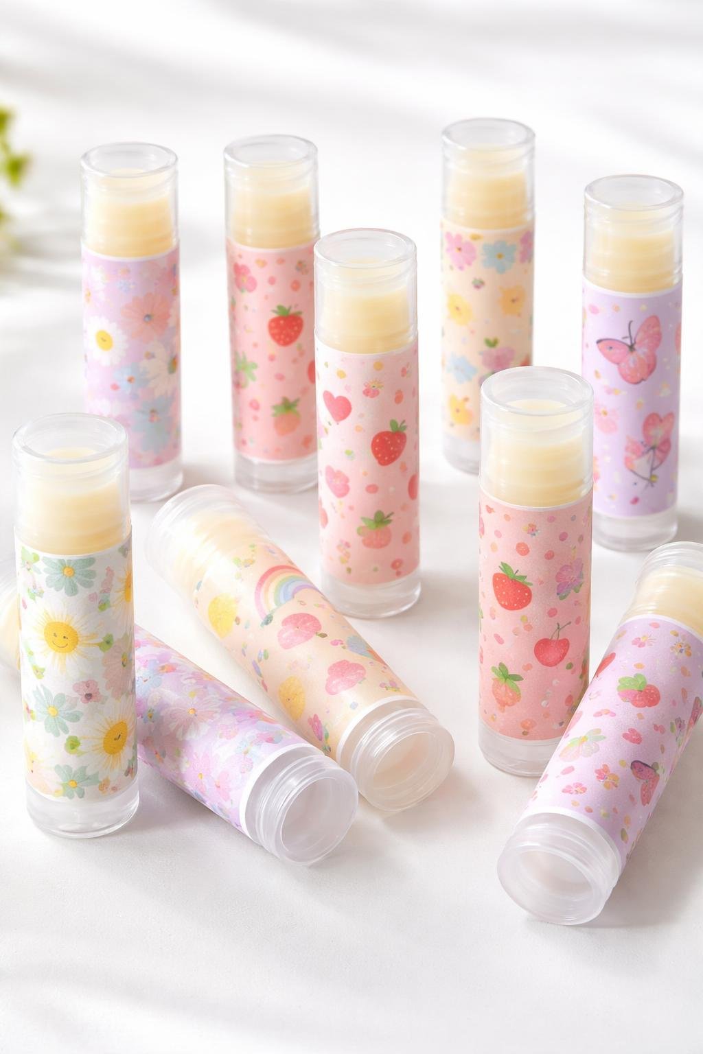 Clear twist-up lip balm tubes with colorful custom wrap labels arranged on a white surface.