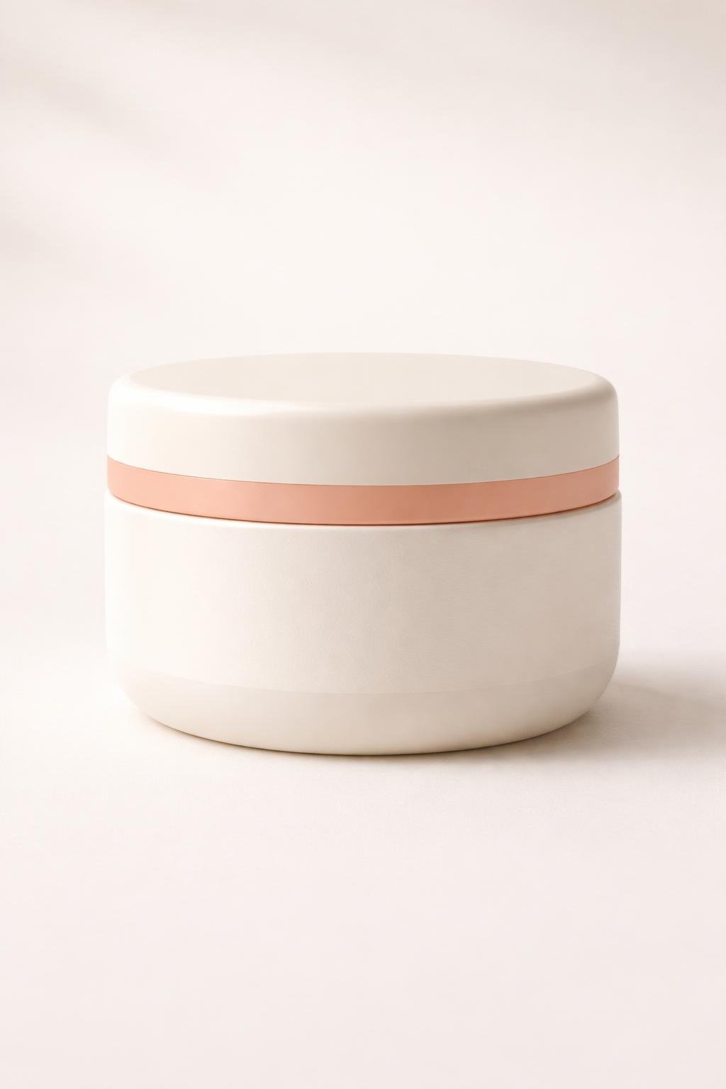 A soft-touch oval plastic jar with a matte label and a colorful scent band on the lid, displayed on a neutral background.