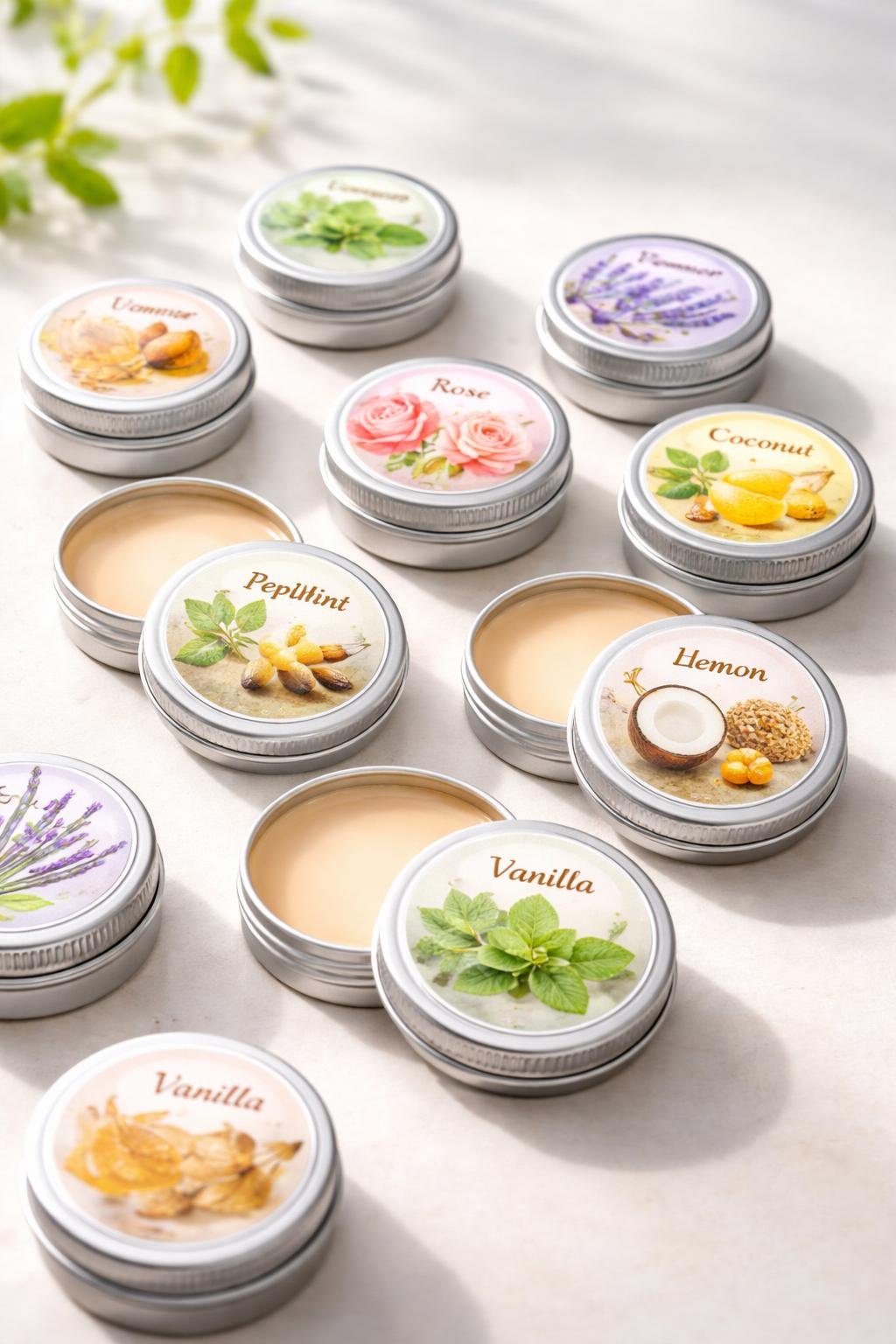 Mini aluminum sliding tins with round ingredient stickers arranged on a surface, some open showing lip balm inside.