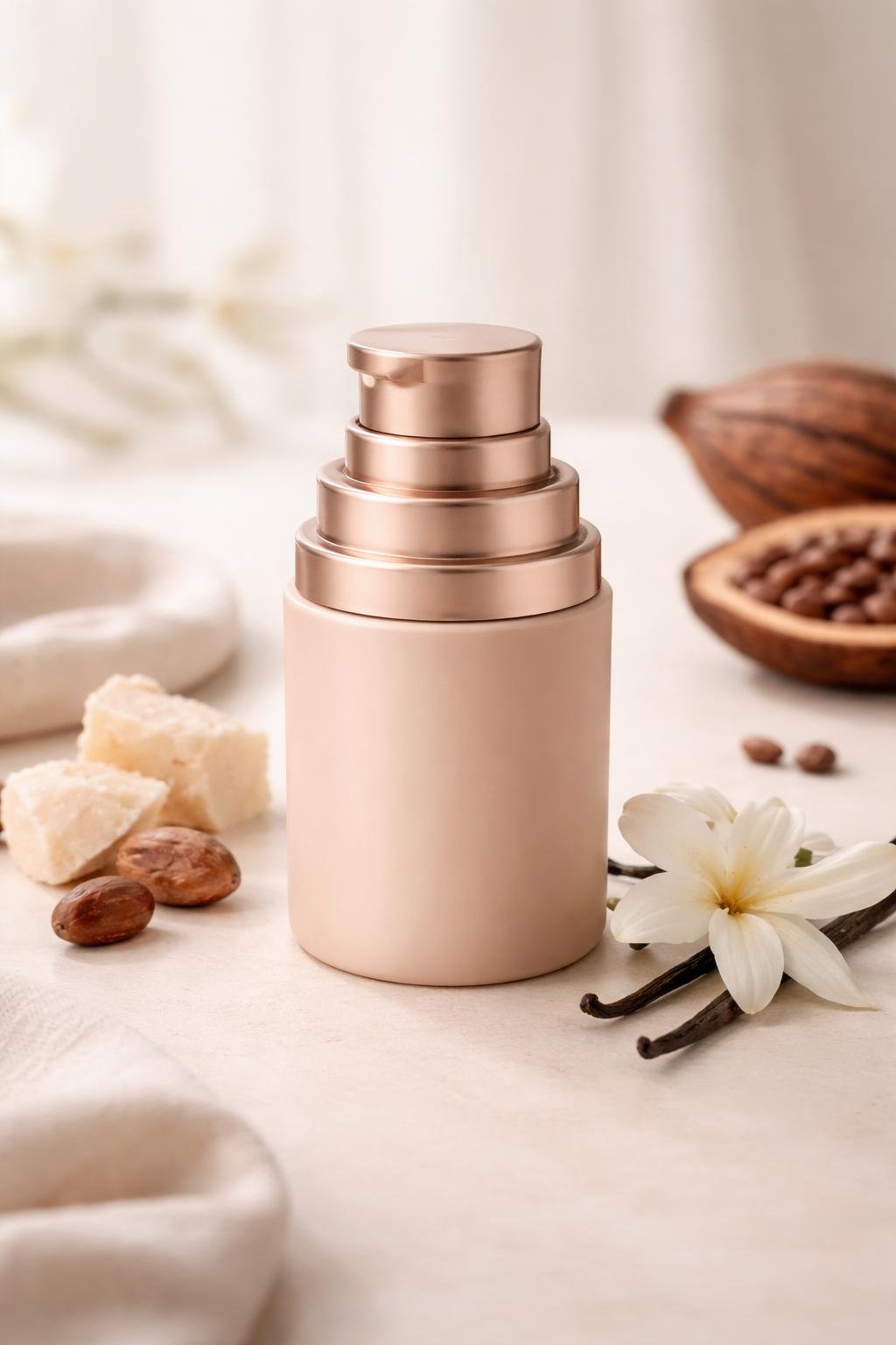 An airless pump jar with matte nude packaging placed on a neutral background, surrounded by natural ingredients.