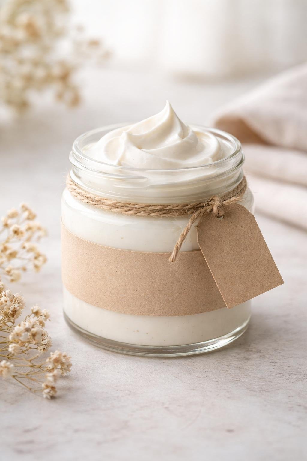 A clear glass jar filled with body butter, featuring a textured paper label and a cotton string tag tied around the neck, placed on a clean surface with a simple background.