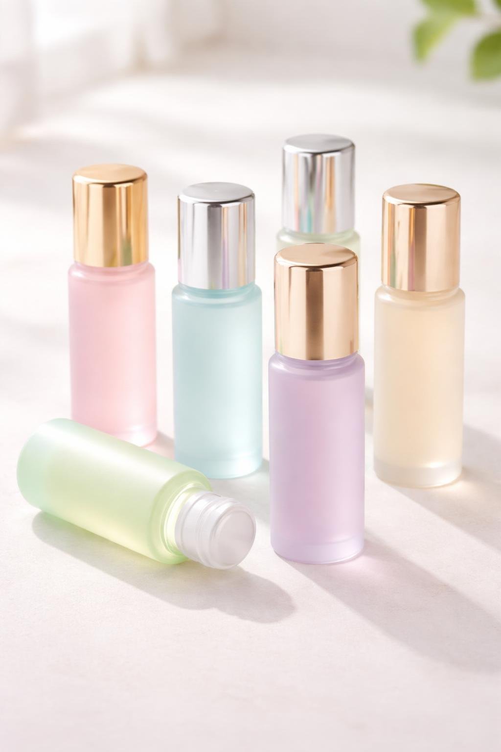 A group of frosted glass roll-on bottles with metallic caps arranged on a white surface.