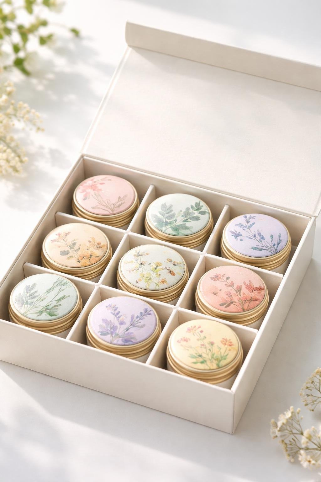 An open rigid gift box with dividers containing several small round tins of body butter arranged neatly inside.