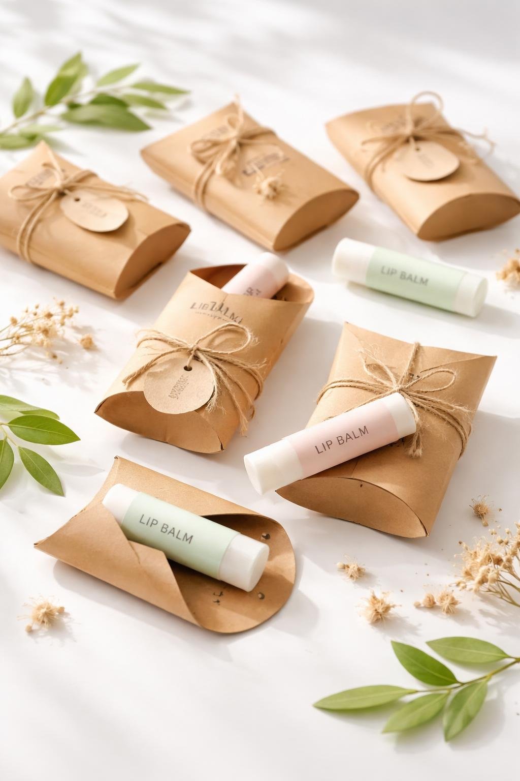Several kraft paper pillow boxes with single lip balm tubes arranged on a white surface with small dried flowers and green leaves.