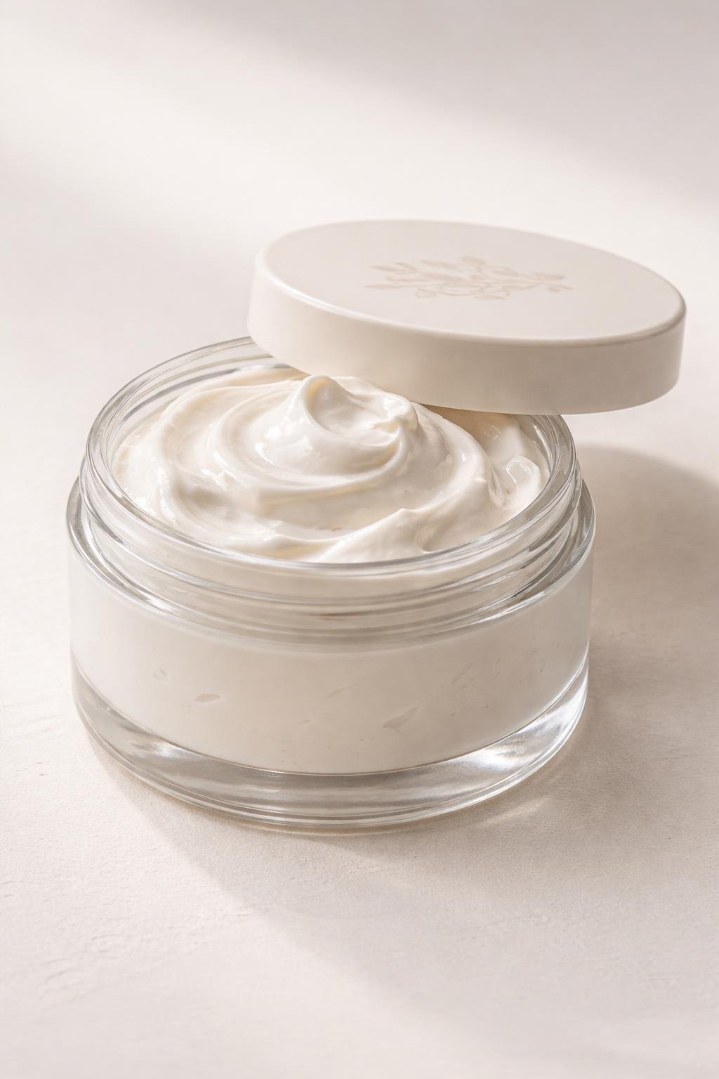A clear straight-sided jar with whipped body butter inside and a round lid with a sticker, shown on a plain background.