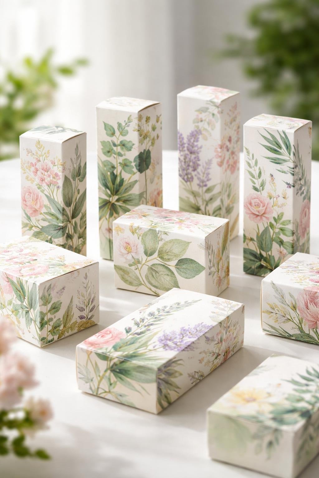 A display of custom printed lip balm boxes decorated with botanical illustrations arranged on a surface.