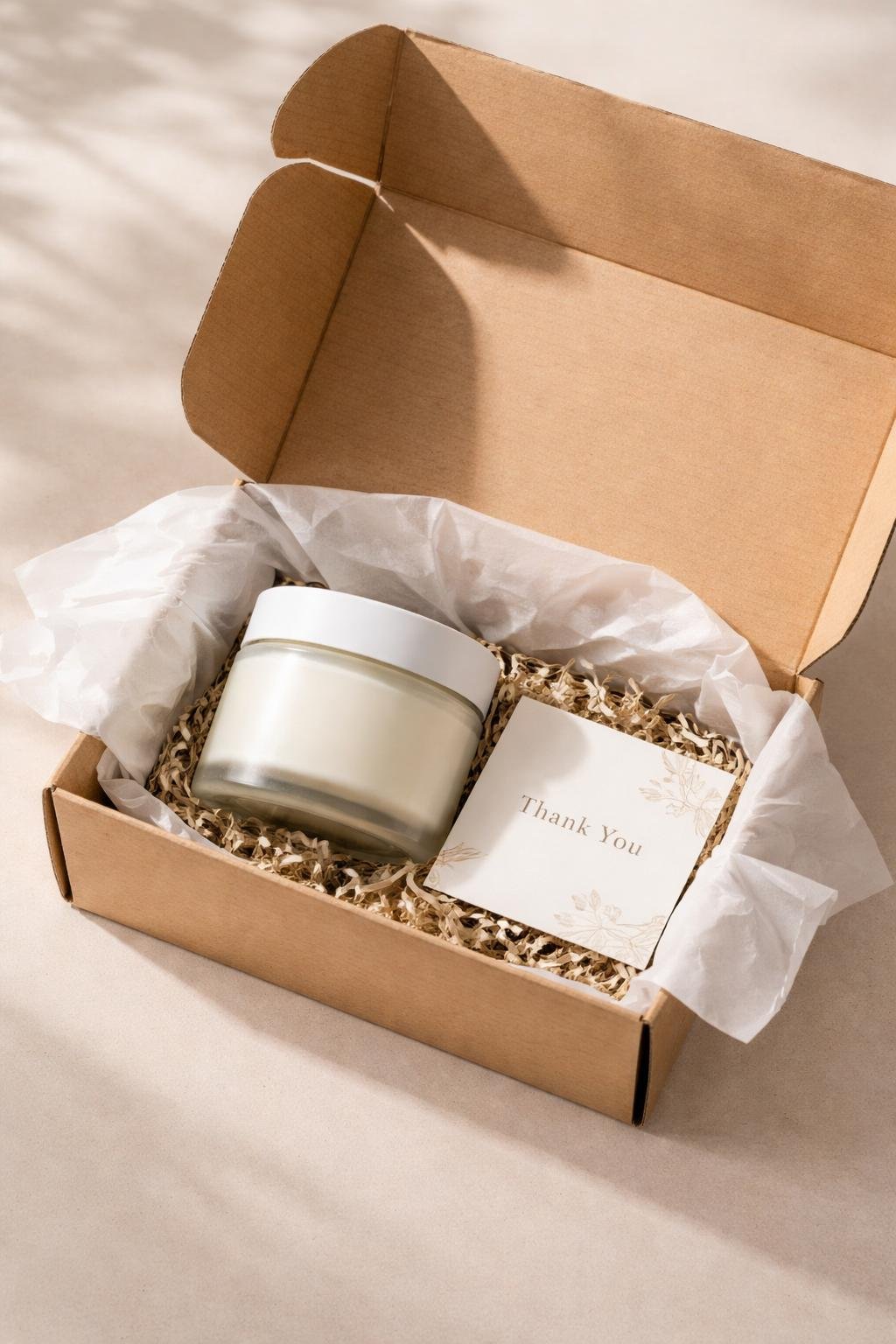 An open shipping box containing a jar of body butter wrapped in tissue paper with a jar nest and a thank-you card inside.