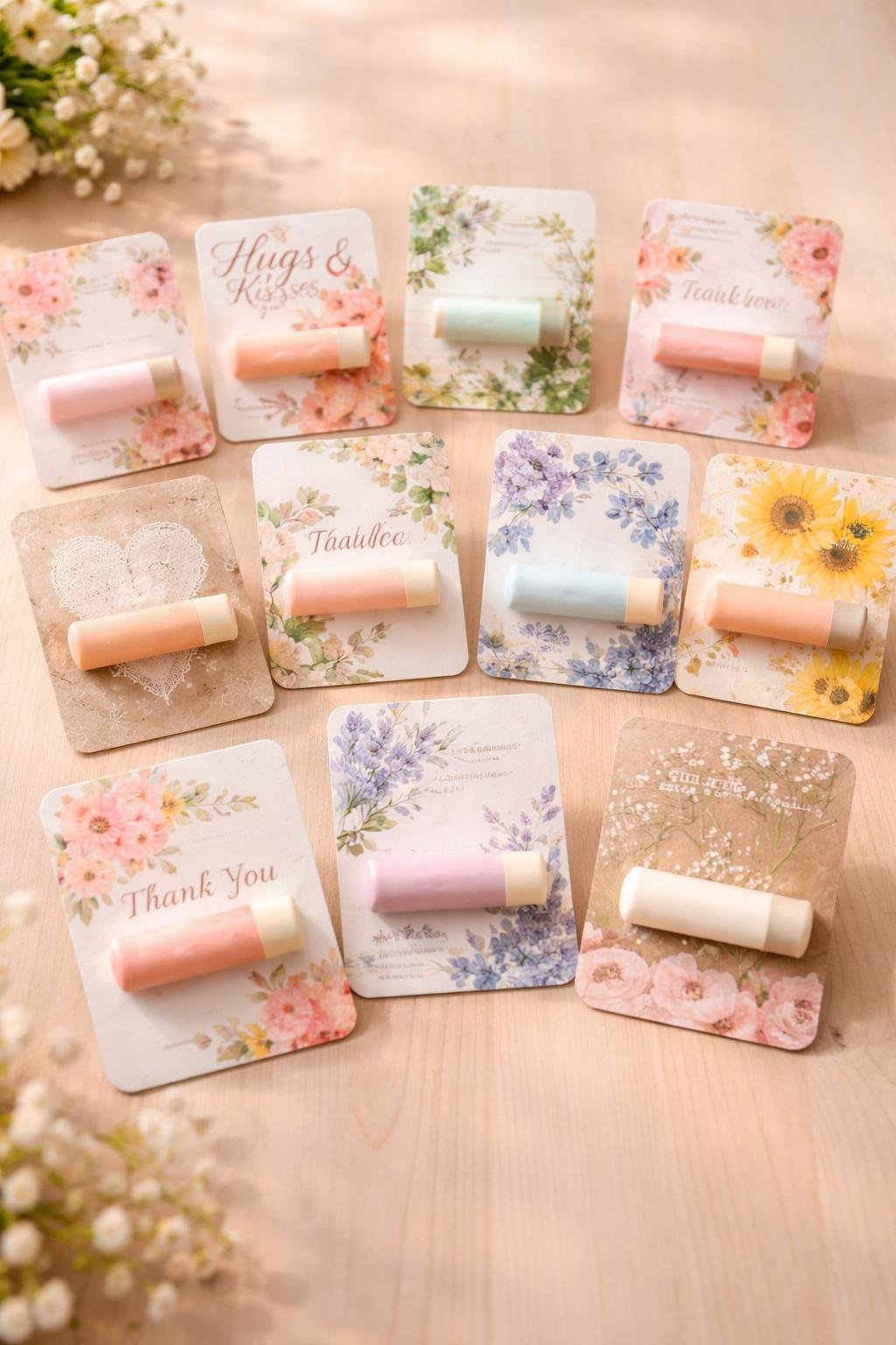 A collection of eleven lip balm favor cards with decorative packaging arranged on a wooden surface.